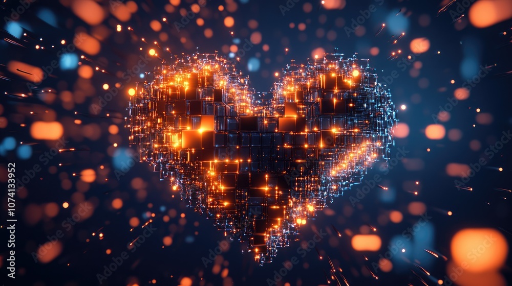 Poster a digital generative heart formed from 3d cubes and spheres, arranged in a perfect heart shape, glow