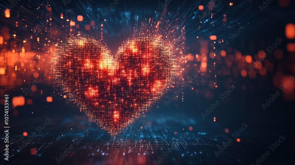 Poster a digital generative heart formed from 3d cubes and spheres, arranged in a perfect heart shape, glow