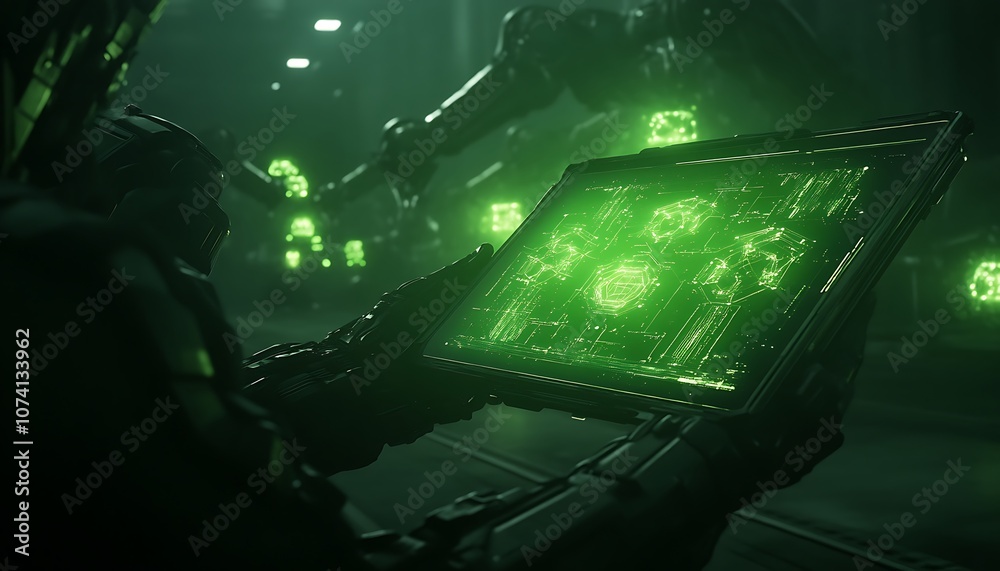 Poster A futuristic figure examines a glowing green display, surrounded by high-tech machinery in a dimly lit environment.