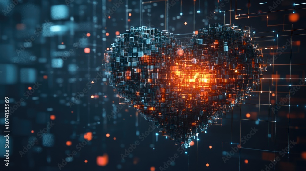 Poster a digital generative heart formed from 3d cubes and spheres, arranged in a perfect heart shape, glow