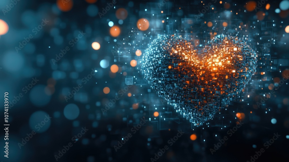Poster a digital generative heart formed from 3d cubes and spheres, arranged in a perfect heart shape, glow