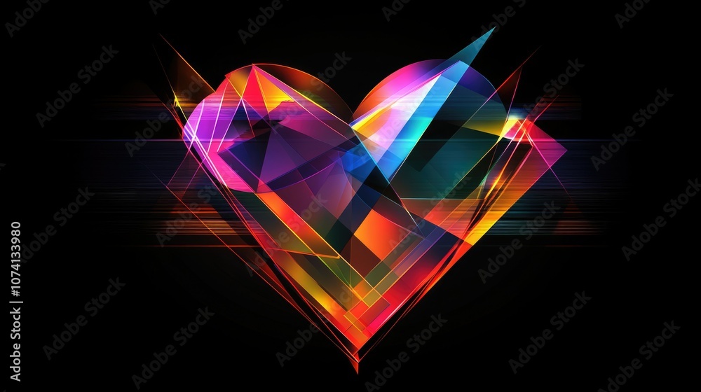 Poster a digital heart design created by generative ai, with geometric shapes in various neon shades, glowi