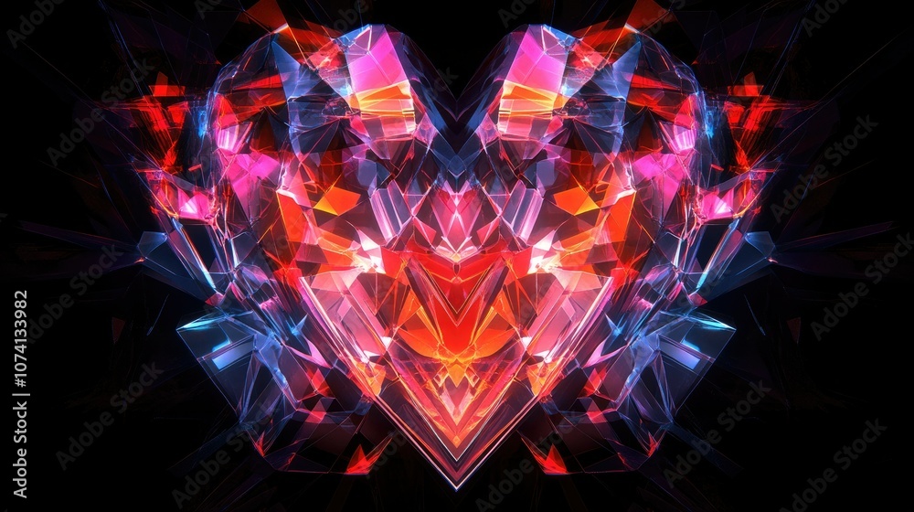 Aufkleber a digital heart design created by generative ai, with geometric shapes in various neon shades, glowi