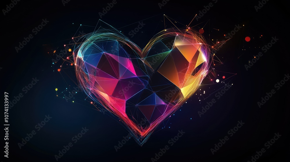 Poster a digital heart design created by generative ai, with geometric shapes in various neon shades, glowi
