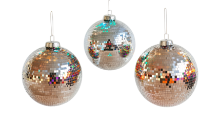 Three Dazzling Disco Balls Hang in Mid-Air Reflecting Vibrant Lights Generative AI