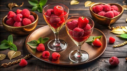 Romantic Aerial View of Raspberry Sorbet with Champagne Flutes on a Heart-Shaped Plate for a Valentine's Day Celebration, Perfect for Love and Dessert Themes
