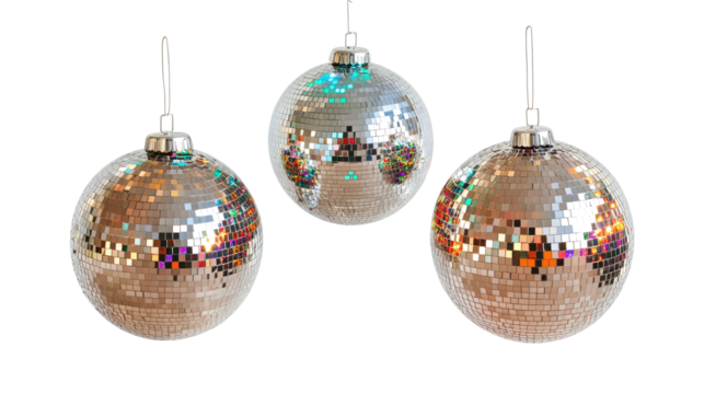 Three Dazzling Disco Balls Hang in Mid-Air Reflecting Vibrant Lights Generative AI