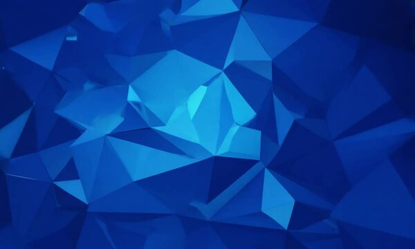 A geometric abstract design featuring various shades of blue and triangular shapes.