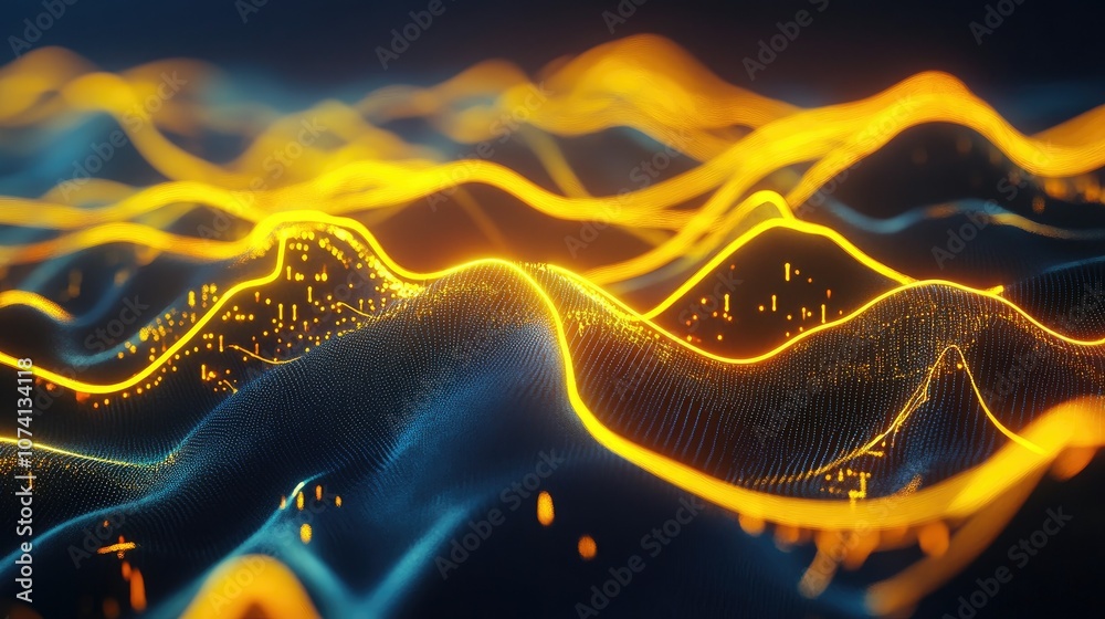Fototapete A dynamic 3D abstract design with yellow neon lines ascending upwards, set against a dark background, creating a sense of energy and movement