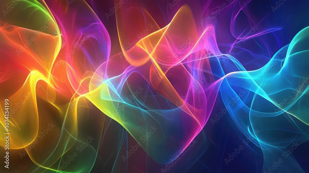 Poster A dynamic 3D illustration with vibrant neon rays, glowing lines, and a spectrum of colors creating an energetic abstract background