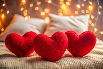 Fototapeta premium Romantic Macro Photography of Three Red Heart-Shaped Pillows on a Cozy Bed for Valentine's Day Couple Concept, Perfect for Celebrating Love and Affection in Intimate Decor