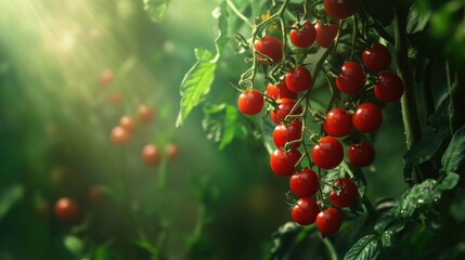 Obraz premium A fresh, vibrant shot of tomatoes on the vine, with rich red fruit contrasting against a lush green background