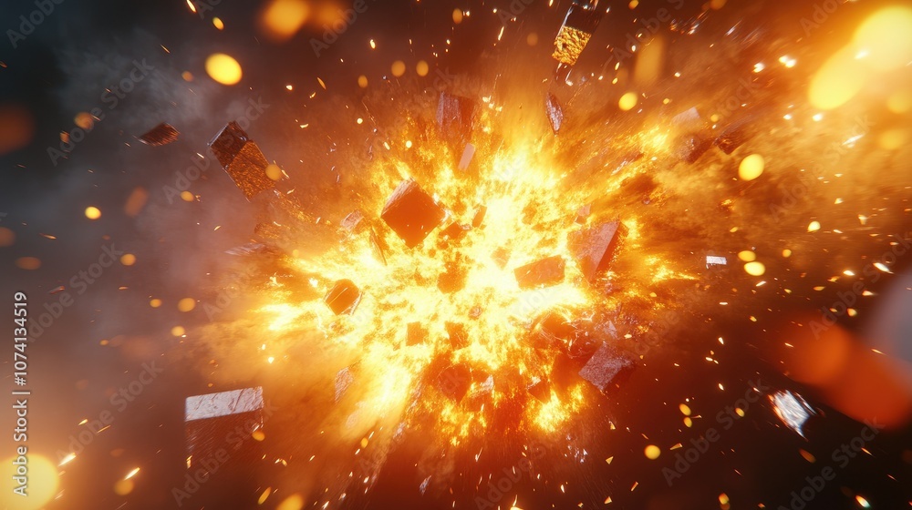 Poster A futuristic 3D render showing the destruction of geometric surfaces in an explosive pattern, with sharp fragments flying outward
