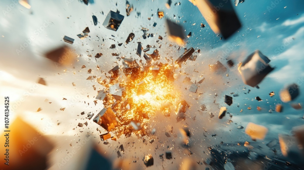 Poster A futuristic 3D render showing the destruction of geometric surfaces in an explosive pattern, with sharp fragments flying outward