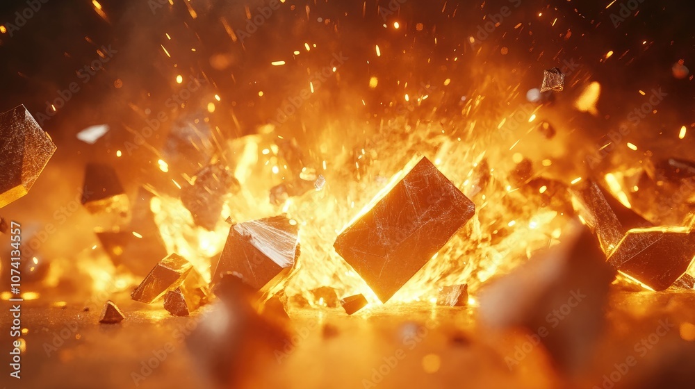 Poster A futuristic 3D render showing the destruction of geometric surfaces in an explosive pattern, with sharp fragments flying outward