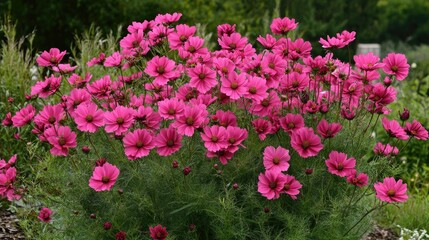 Fototapeta premium A group of deep pink cosmos flowers swaying in the breeze, their vibrant color contrasting against the green foliage