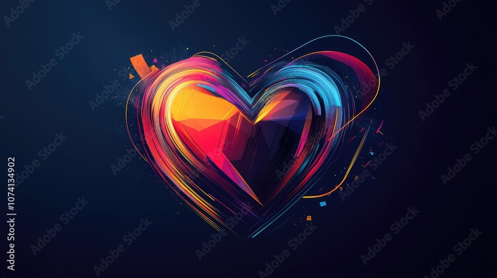 Poster A heart symbol crafted with abstract geometric shapes, blending vibrant colors and futuristic lines against a simple dark backdrop