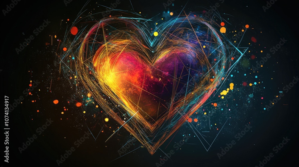 Poster A heart symbol crafted with abstract geometric shapes, blending vibrant colors and futuristic lines against a simple dark backdrop