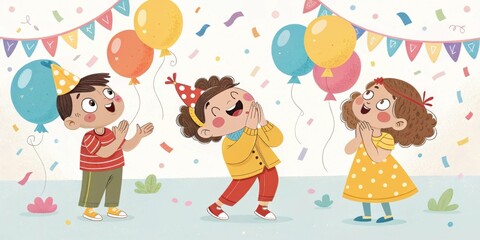 Naklejka premium Three joyful indian children wearing party hats are celebrating, clapping, and looking upwards at colorful balloons and confetti during a birthday party