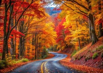 Scenic Autumn Road Through Colorful Fallen Leaves in a Vibrant Mountain Forest Captured in Documentary Style Photography