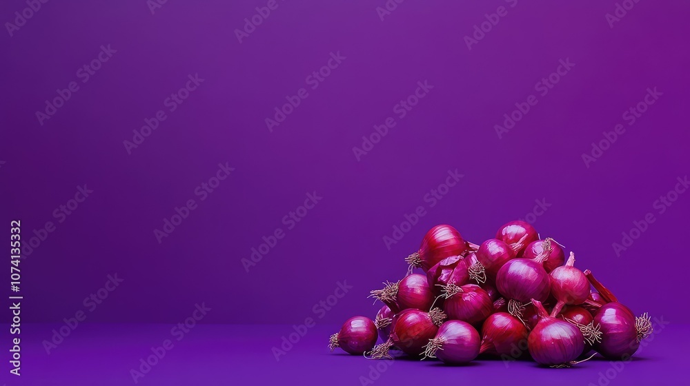 Poster a minimalist shot of red onions against a solid purple background, emphasizing their natural color a