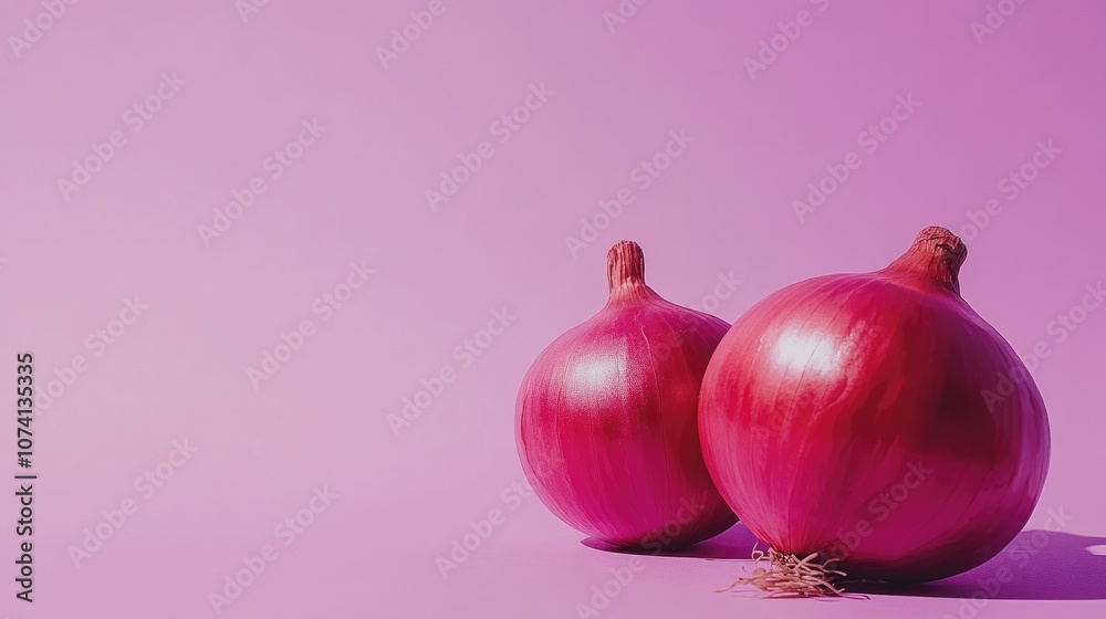 Poster a minimalist shot of red onions against a solid purple background, emphasizing their natural color a