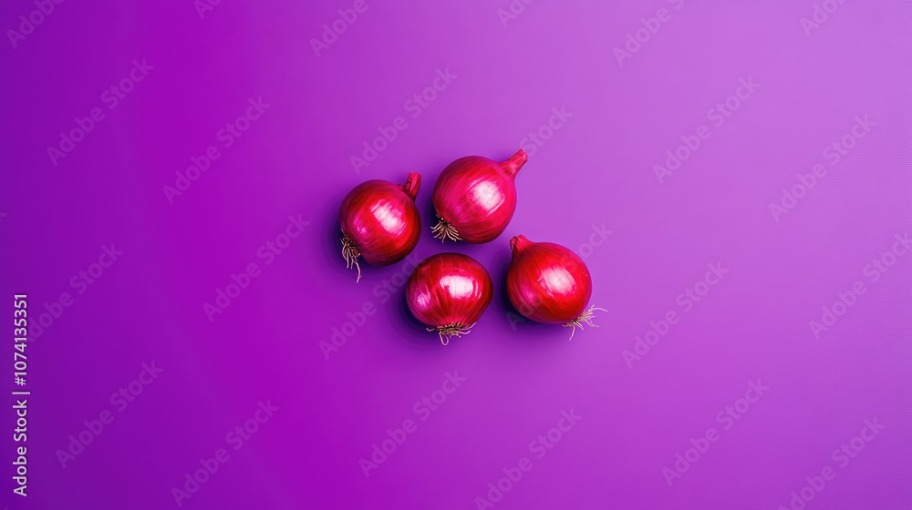 Poster a minimalist shot of red onions against a solid purple background, emphasizing their natural color a