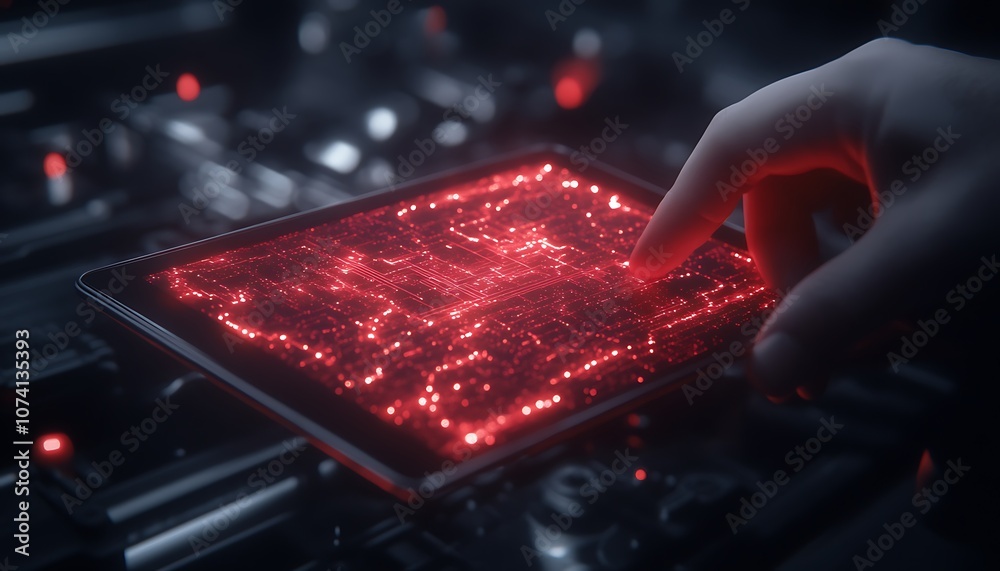Poster A hand interacts with a glowing red circuit board, highlighting advanced technology and digital connectivity in a futuristic setting.