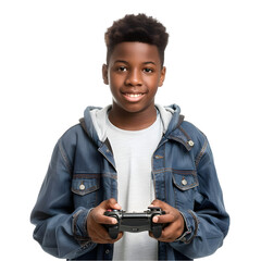 A teenage African-American boy in casual clothing holding a video game controller, isolated on white background