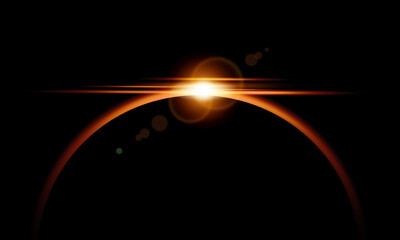 Horizon of the planet with soft neon light effect. Sunlight rises over the edge of the planet. Solar or lunar eclipse, earth silhouette in outer space. Vector illustration.