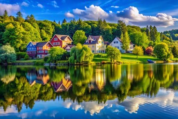 Fototapeta premium Scenic Lakefront Community: A Tranquil View of Charming Houses Nestled Among Trees by the Water’s Edge, Showcasing Nature’s Beauty and Serene Living Near the Shoreline