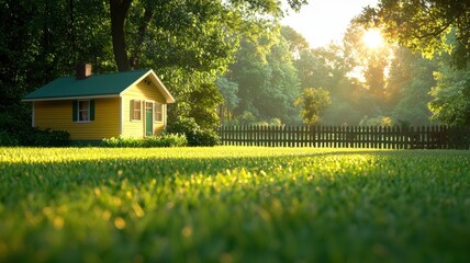 A cozy yellow house nestled in a lush green landscape, surrounded by trees and illuminated by soft morning sunlight.