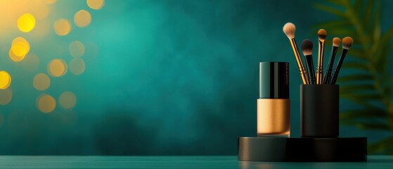 A stylish makeup display featuring a nail polish bottle and various brushes against a blurred colorful background.