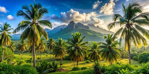 Fototapeta premium Scenic Panoramic Landscape of Palm Trees Framing a Majestic Mountain Range Surrounded by Lush Greenery Under a Bright Blue Sky for Nature Lovers and Travel Enthusiasts