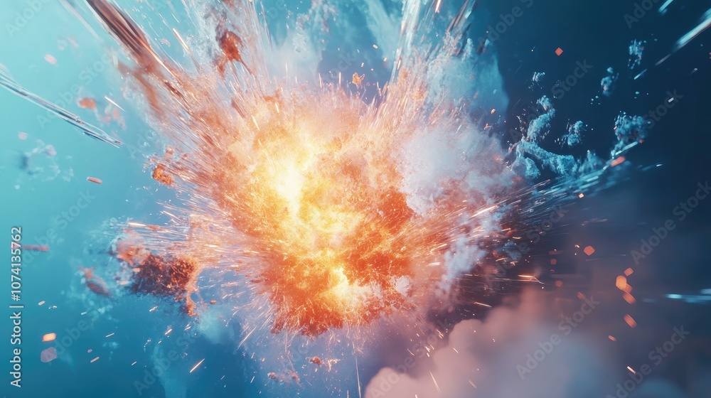 Poster A powerful abstract explosion shape in 3D, with high-tech shards and dynamic light effects set against a cool blue, futuristic backdrop