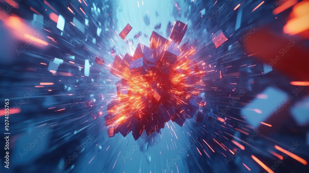 Poster A powerful abstract explosion shape in 3D, with high-tech shards and dynamic light effects set against a cool blue, futuristic backdrop
