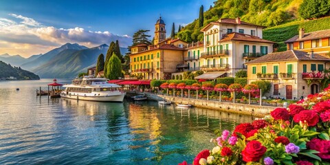 Fototapeta premium Scenic View of Restaurant and Tour Boat on the Shoreline of Bellagio, Lake Como, Italy Capturing the Essence of Italian Hospitality and Natural Beauty in a Picturesque Setting
