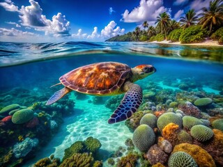 Fototapeta premium Serene Aerial View of a Beautiful Watercolor Turtle Swimming in Crystal Clear Waters, Surrounded by Vibrant Coral Reefs and Colorful Marine Life, Perfect for Nature Lovers and Aquatic Enthusiasts