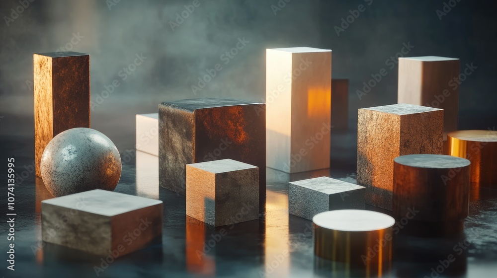 Fototapete a series of abstract 3d geometric blocks scattered across a dark background, with light reflections 