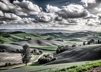 Serene Atessa Landscape with Rolling Hills, Vibrant Greenery, and Expansive Blue Sky, Featuring Main Subject on the Right and Ample Copy Space for Text Overlay