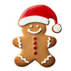 Christmas Gingerbread Man Cookie with Santa Hat - Festive Holiday Treat - Isolated on Transparent and White Background. 
