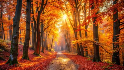 Serene Autumn Forest with Vibrant Foliage and Filtering Sunlight Illuminating a Tranquil Pathway in a Low Light Setting, Capturing the Essence of Nature&rsquo;s Beauty during Fall