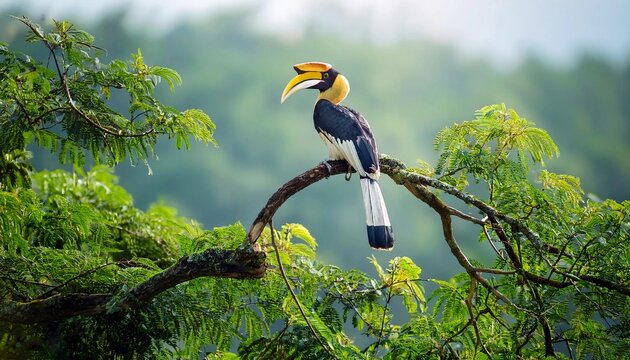The great hornbill (Buceros bicornis), also known as the concave-casqued hornbill, great Indian hornbill or great pied hornbill sitting on the branch in the forest, green vegetation background 