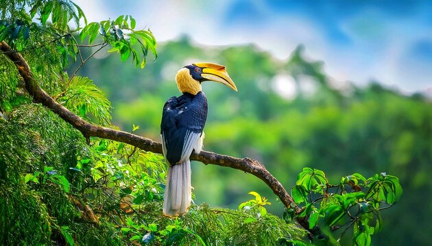 The great hornbill (Buceros bicornis), also known as the concave-casqued hornbill, great Indian hornbill or great pied hornbill sitting on the branch in the forest, green vegetation background 