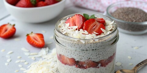 Chia Seed Pudding A closeup image of a small glass jar filled with creamy chia seed pudding topped with shredded coconut and sliced strawberries. The layered presentation