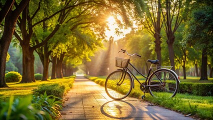 Fototapeta premium Serene Bicycle Ride Through a Lush Park Pathway with Greenery and Sunlight Filtering Through Trees, Ideal for Minimalist Photography Enthusiasts and Nature Lovers