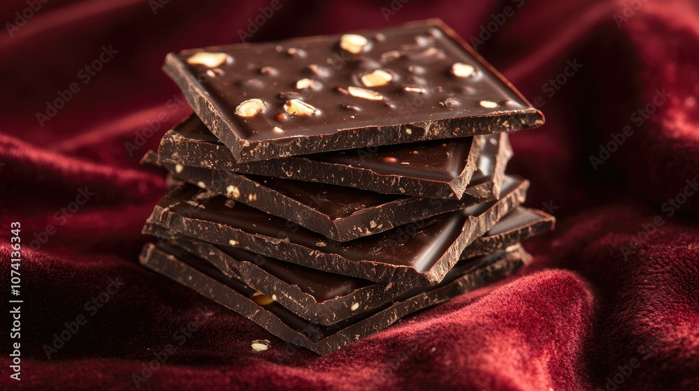 Poster a stack of perfectly cut dark chocolate on luxurious velvet, with rich textures and soft lighting cr