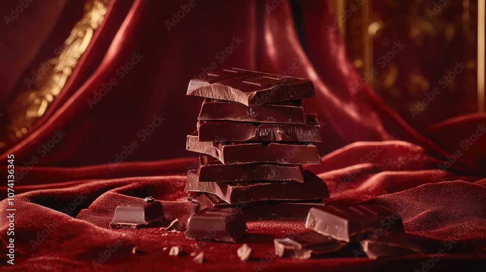 Poster a stack of perfectly cut dark chocolate on luxurious velvet, with rich textures and soft lighting cr