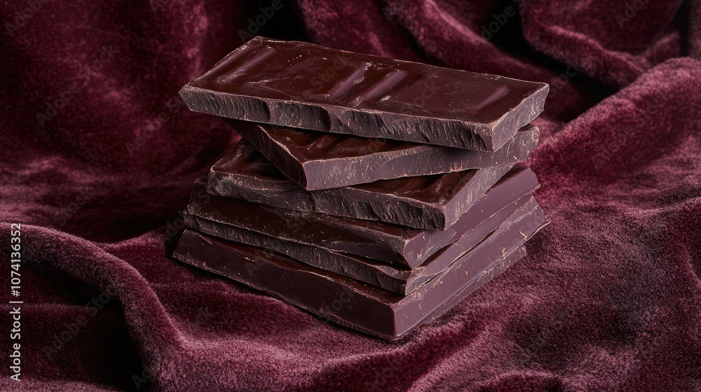 Poster a stack of perfectly cut dark chocolate on luxurious velvet, with rich textures and soft lighting cr