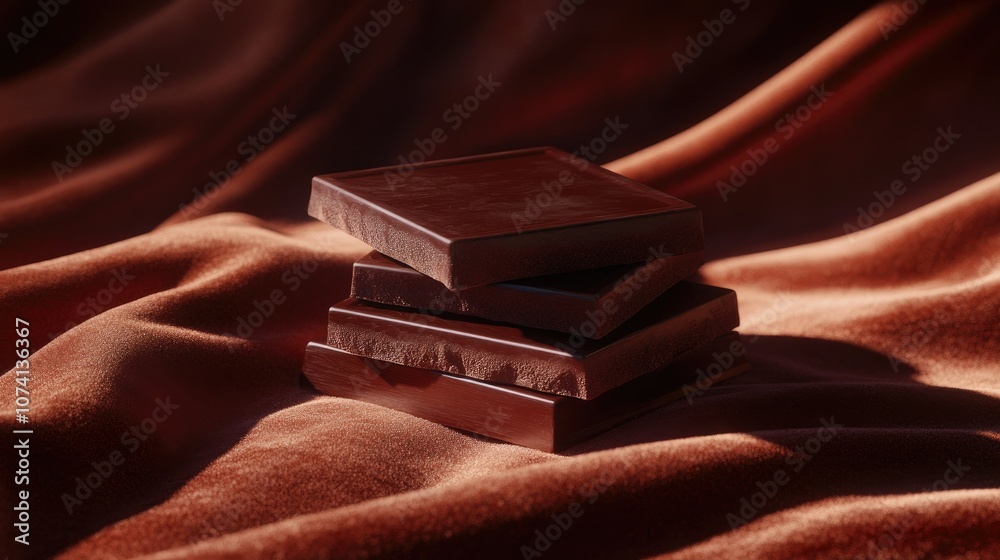 Poster a stack of premium dark chocolate resting on a plush velvet surface, with soft shadows and highlight